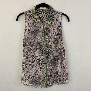 Clara Ibarguren SheerTan, Black, Green Mixed Animal  Print Sleeveless Blouse 12